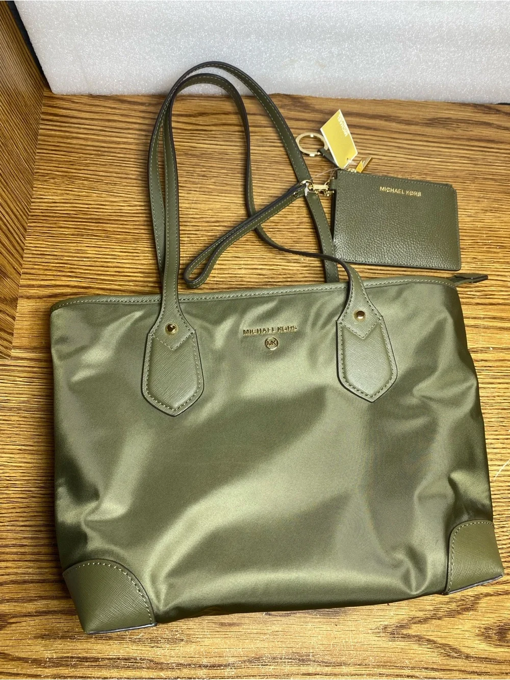 MICHAEL Kors Eva Small Zip Top Nylon Green Tote Shoulder Bag With Wallet Bundle